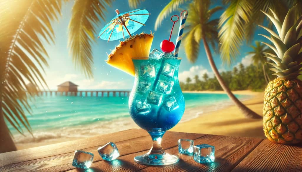 كوكتيل هاواي الأزرق على شاطئ استوائي مع الزينة