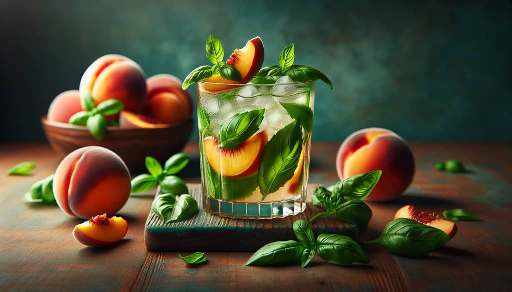 A basil-infused peach mojito with fresh basil leaves and ripe peaches