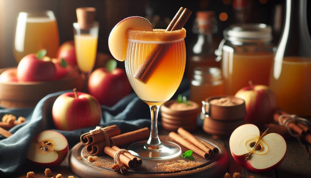 A Classic Apple Cider Mimosa with a cinnamon stick garnish