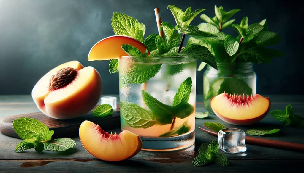 A classic peach mint mojito adorned with fresh mint and peach slices