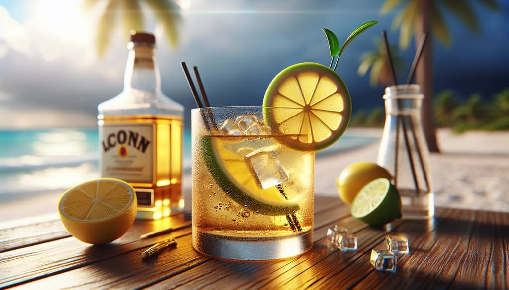 A classic rum and lemonade cocktail with a lemon wheel garnish.