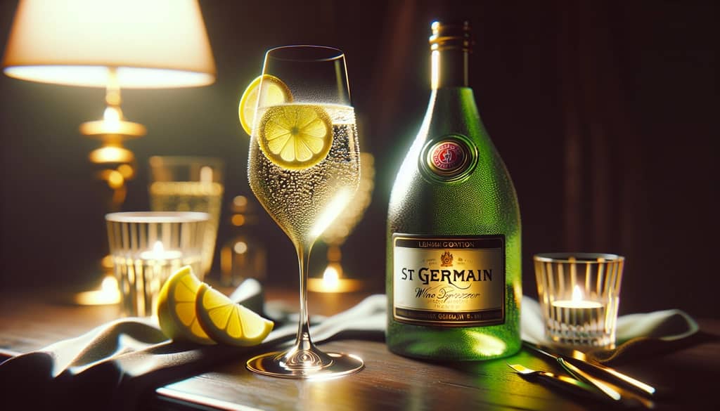 A classic St Germain wine spritzer with a lemon slice garnish