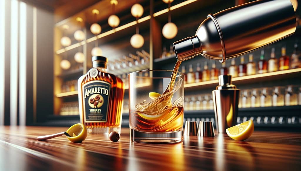 A cocktail shaker preparing the mixture for an Amaretto Whiskey Sour