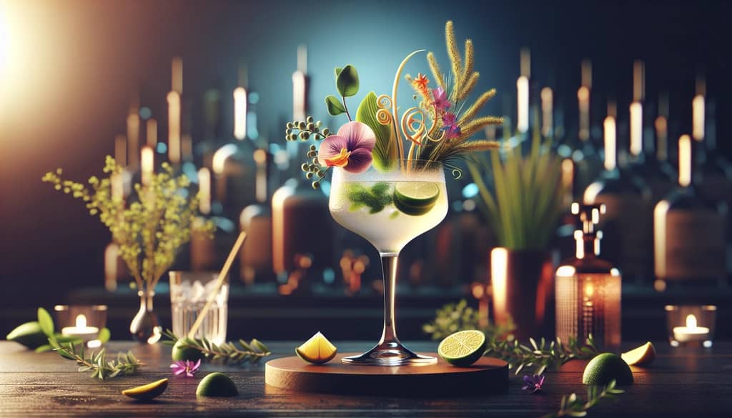 A creative modern twist on the French Gimlet with botanical garnishes