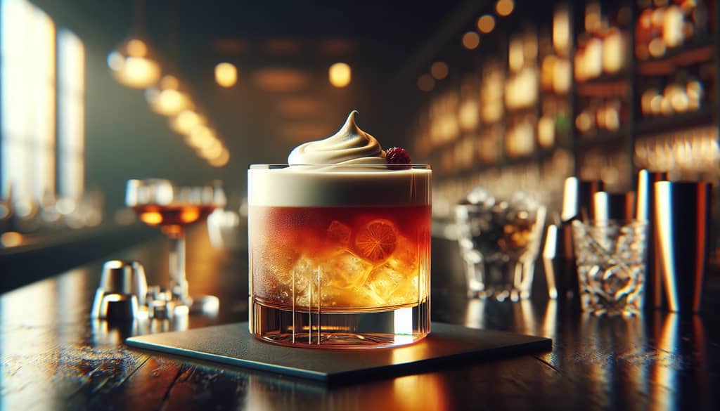 A luxurious Whiskey Sour with a creamy egg white froth topping