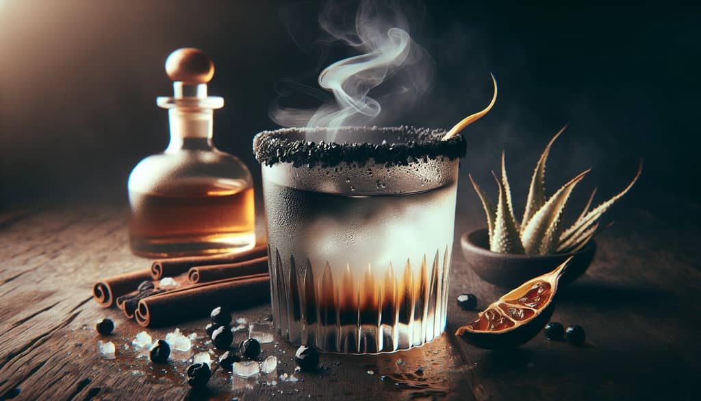 A smoky Paloma Negra cocktail with a charcoal salt rim and mezcal.