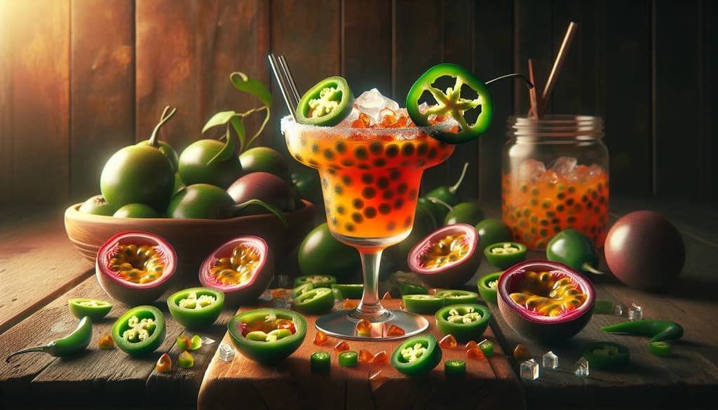 A spicy passion fruit margarita with jalapeño slices for added heat