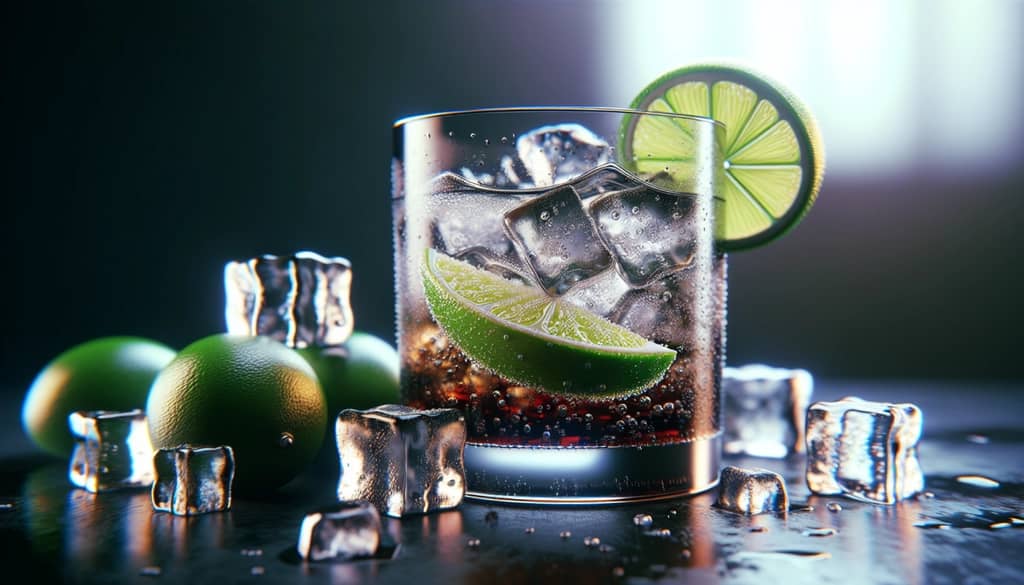 A traditional gin and coke cocktail with ice and a lime wedge