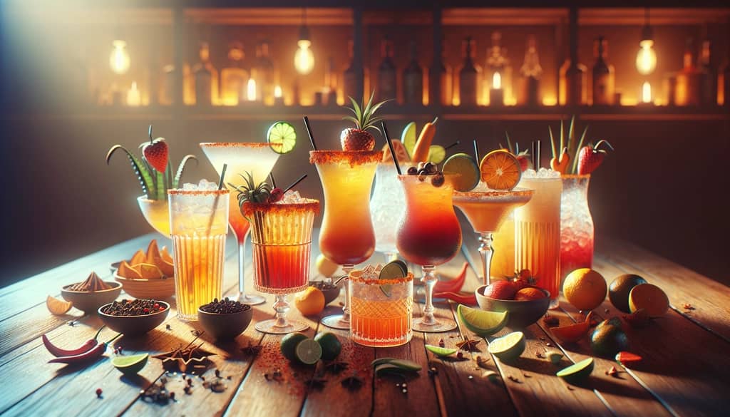 A variety of colorful Paloma cocktails with spicy and smoky flavors.