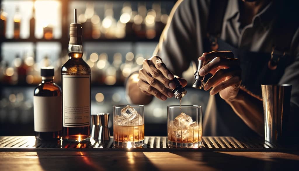 bartender adding bitters to cocktail in mixing glass