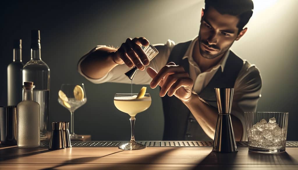 bartender adjusting a sour cocktail, adding syrup with jigger