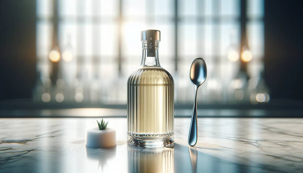 jarabe de agave en botella y cuchara para cócteles