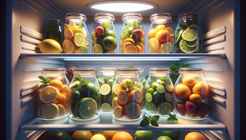 airtight containers of cut citrus and herbs in the fridge
