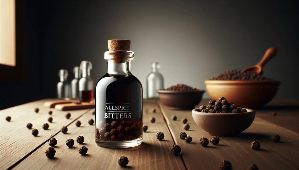 closeup of allspice bitters bottle with spices