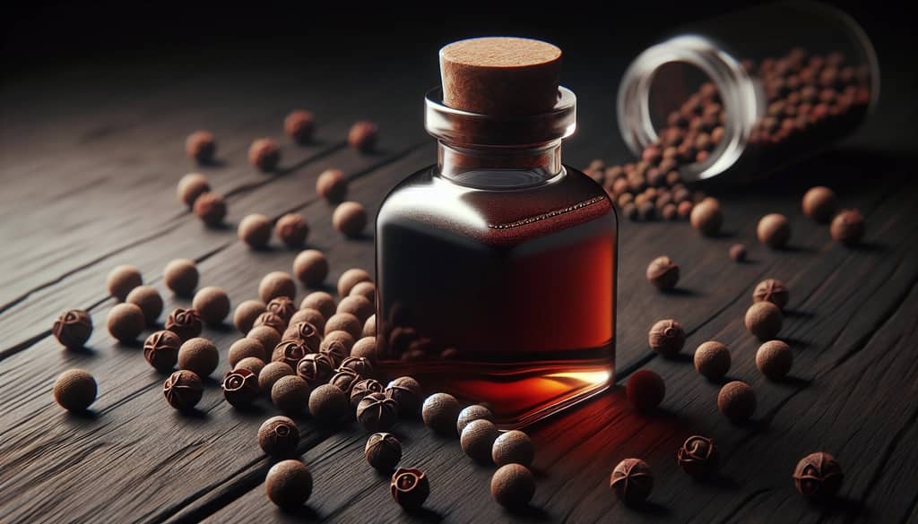 closeup of allspice berries and bottle of allspice dram