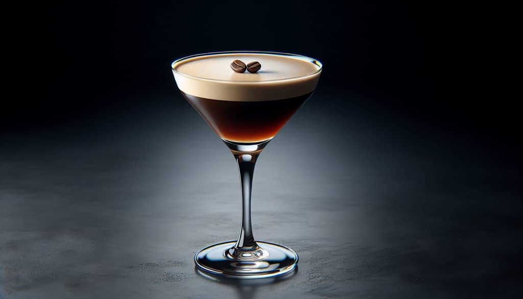 amaretto espresso martini en copa coctel con granos de café