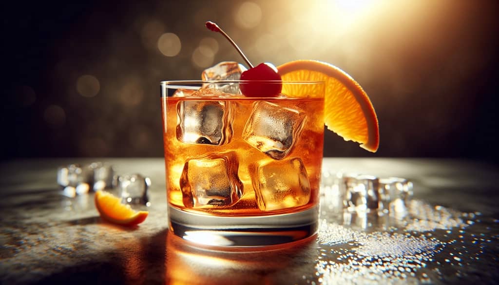 detalle coctel amaretto stone sour con hielos grandes y garnish