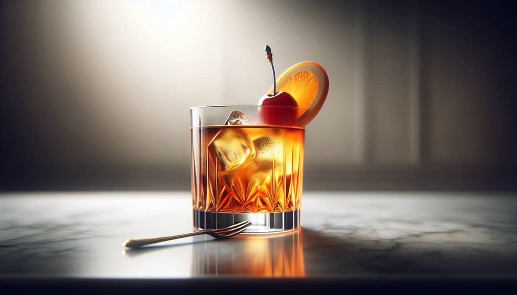 amaretto stone sour servido en vaso old fashioned con naranja y cereza