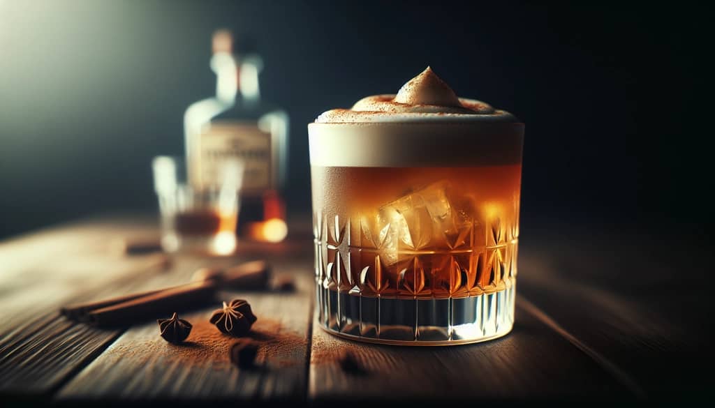 amaretto whiskey sour con espuma y ralladura de canela