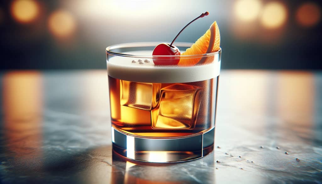 amaretto whiskey sour en vaso bajo con rodaja de naranja y cereza