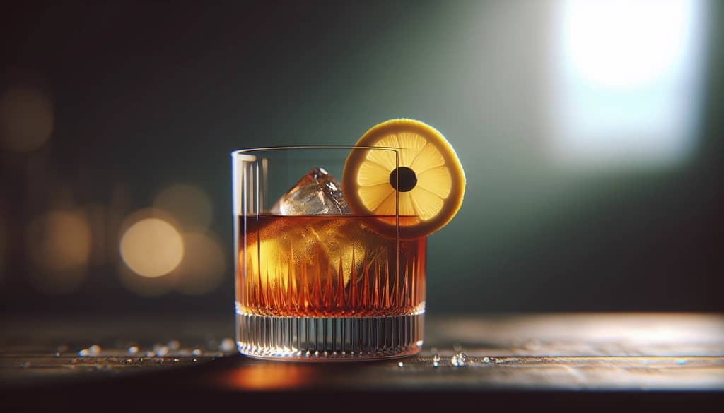 amaretto whiskey sour en vaso old fashioned con rodaja de limón