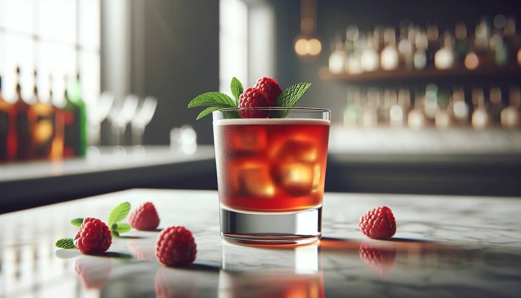 amaretto whiskey sour con frambuesas, servido en vaso corto