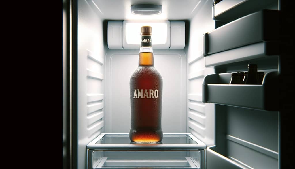 bottle of amaro liqueur in a refrigerator door