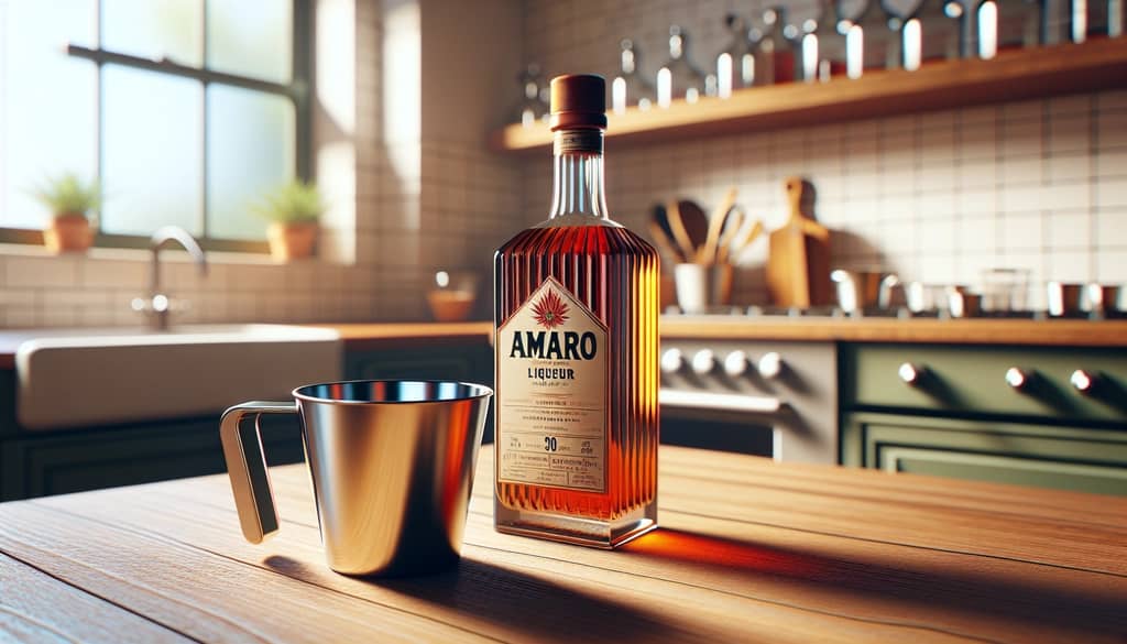 botella de licor amaro y taza medidora listas para cocinar