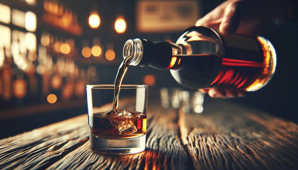 pouring amaro into a small glass on a bar