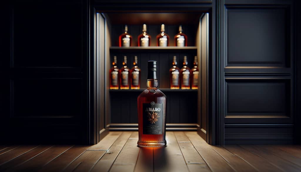 bouteilles d'amaro stockées dans une armoire sombre