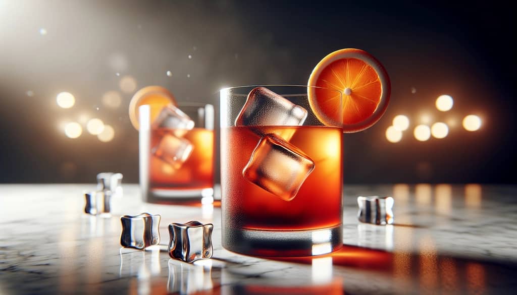 Americano cocktail with big clear ice and orange wheel