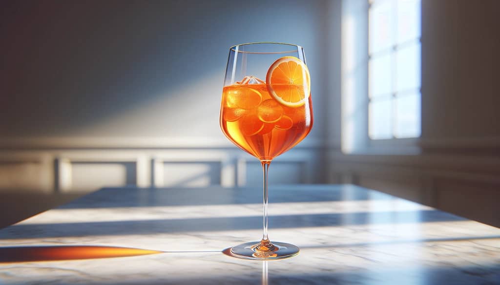 Aperol Spritz in a wine glass with orange slice