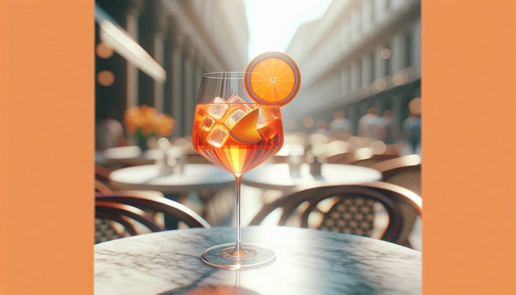 aperol spritz in a wine glass with orange garnish