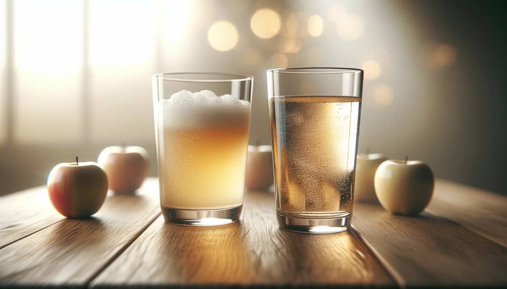 apple cider and apple juice in separate glasses