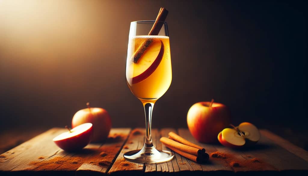 Apple cider bourbon mimosa with cinnamon stick garnish for autumn