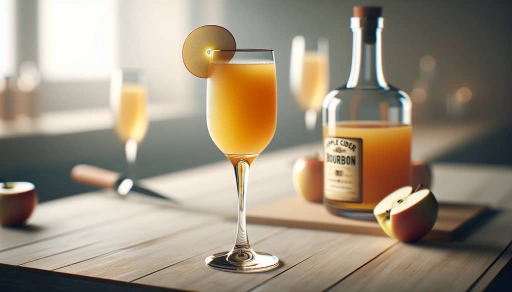 Mimosa de bourbon con sidra de manzana en copa flauta con rodaja de manzana como decoración