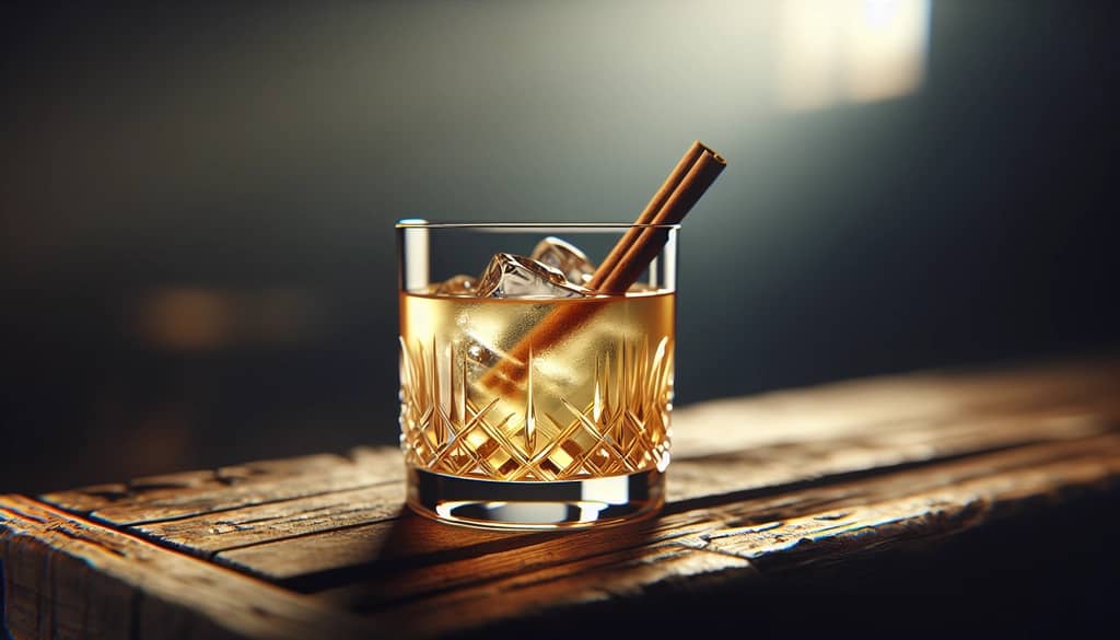 apple cider cocktail in a rocks glass with cinnamon stick garnish