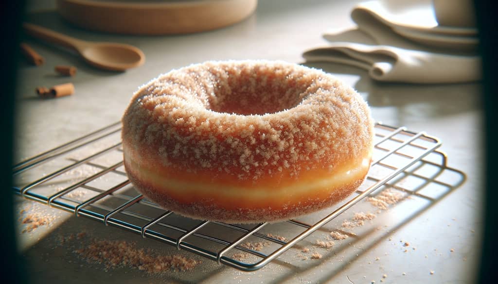 apple cider donuts coated in cinnamon sugar on rack
