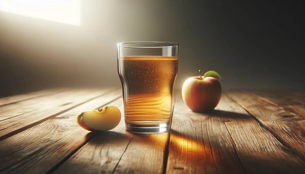 sidra de manzana en un vaso con manzanas enteras frescas