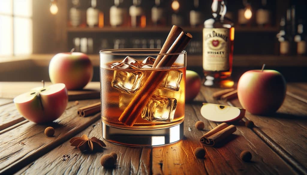 vaso de cóctel de sidra de manzana y whisky con palo de canela sobre superficie de madera