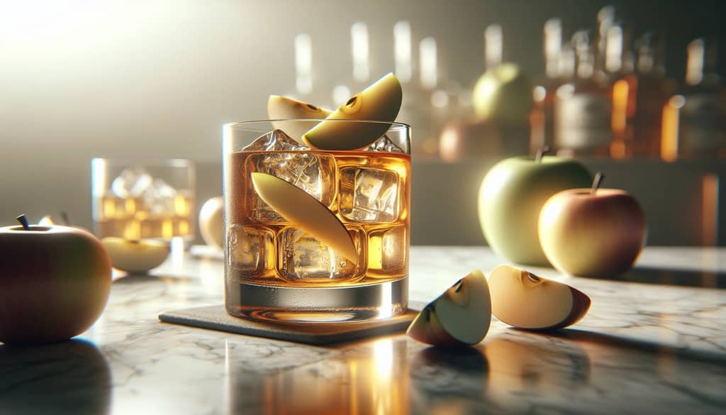 apple cider and whiskey cocktail garnished with apple slices on a marble bar