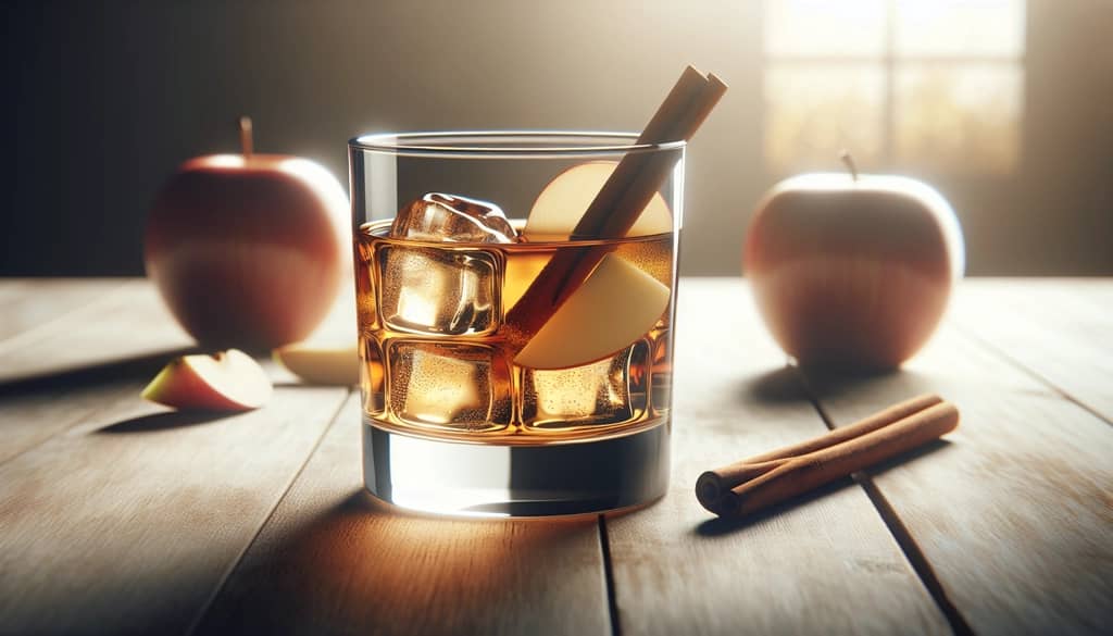 apple cider whiskey cocktail with apple and cinnamon garnish, soft natural light