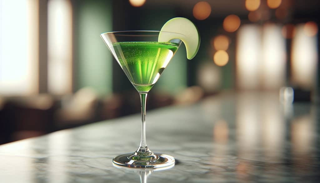close up of appletini with apple garnish on marble bar