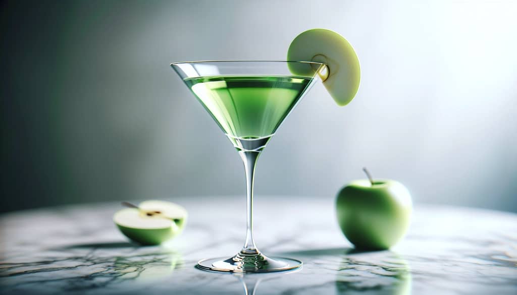 appletini w kieliszku do martini z plasterkiem jabłka jako ozdobą