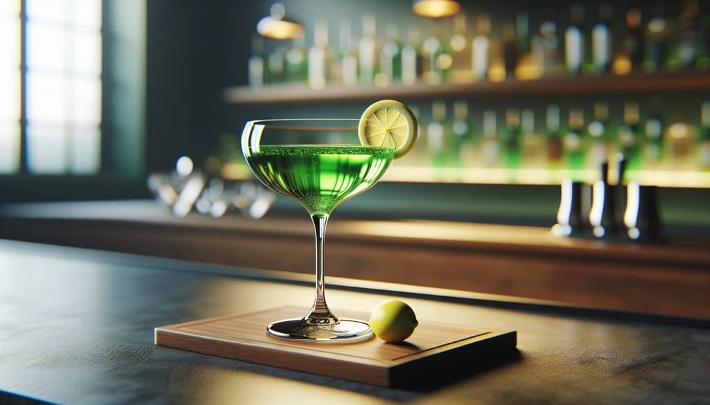 appletini with lemon twist garnish on coupe glass