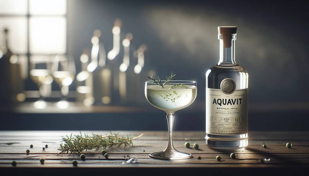 bottle of aquavit next to coupe with botanical cocktail