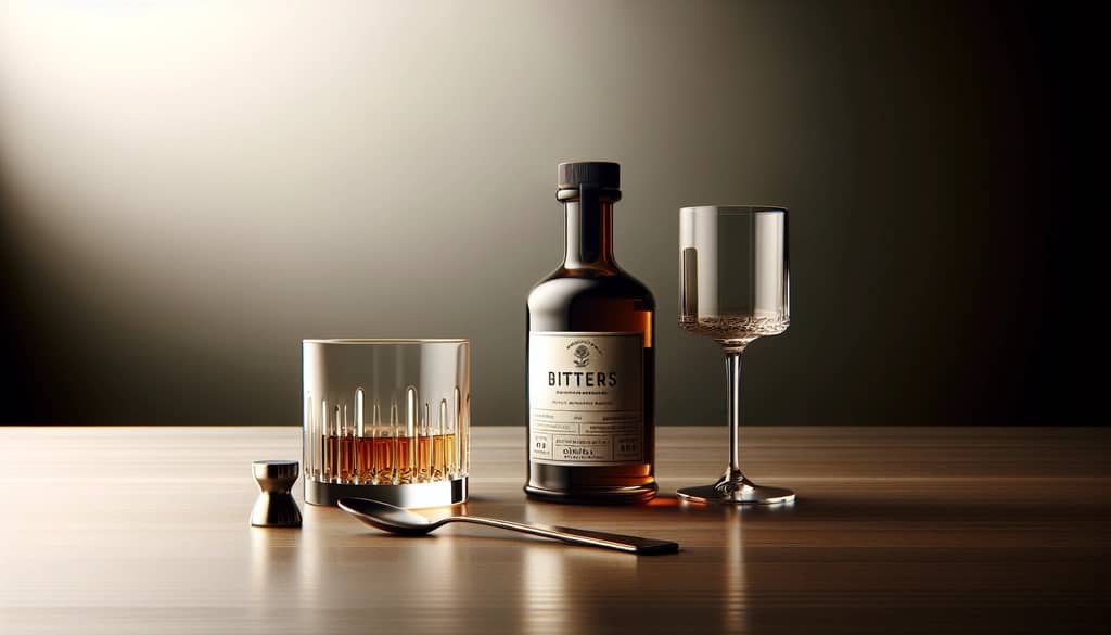 botol bitters aromatik dengan gelas dan sendok bar