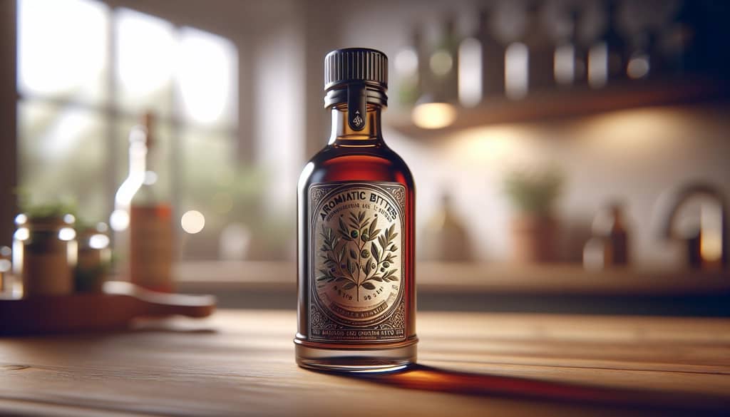 open bitters with dash-cap on wooden counter