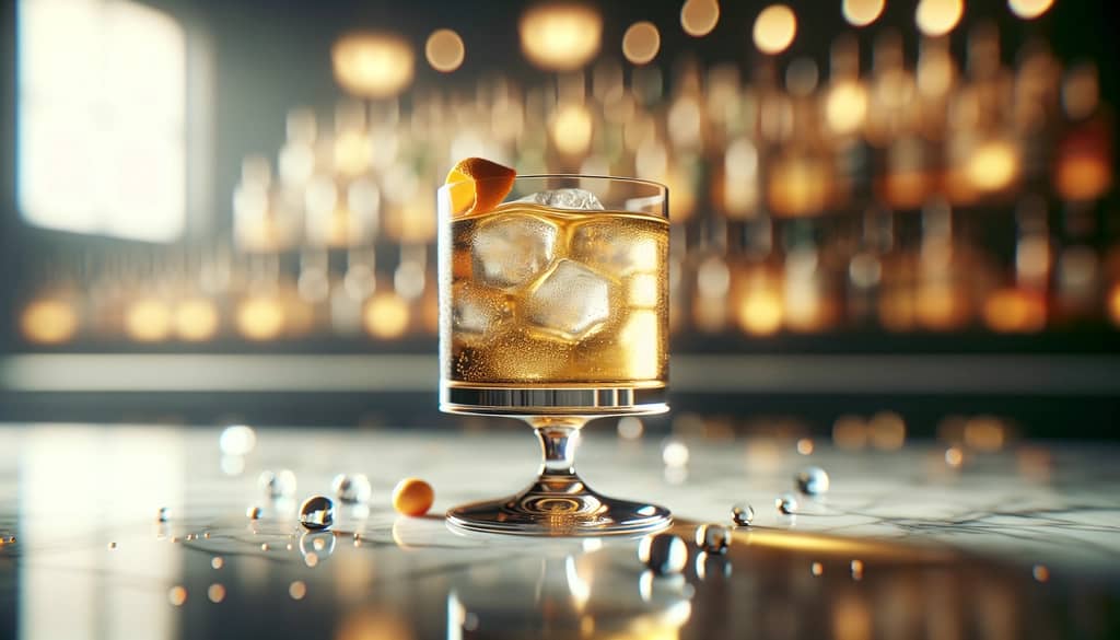 botella de amargos aromáticos y una bebida sin alcohol en un vaso Collins