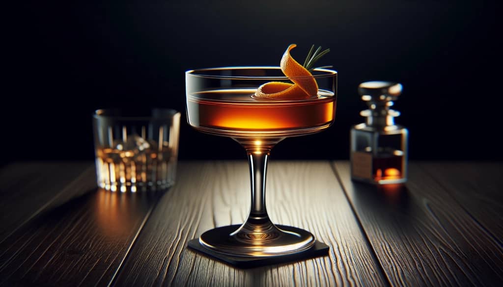 cocktail with orange twist and aromatic garnish
